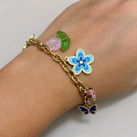 Pink Lotus Charm Chain Bracelet