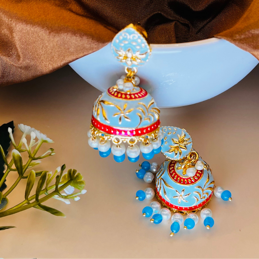 Sky Blue Gold Plated Dome Shaped Jhumkas