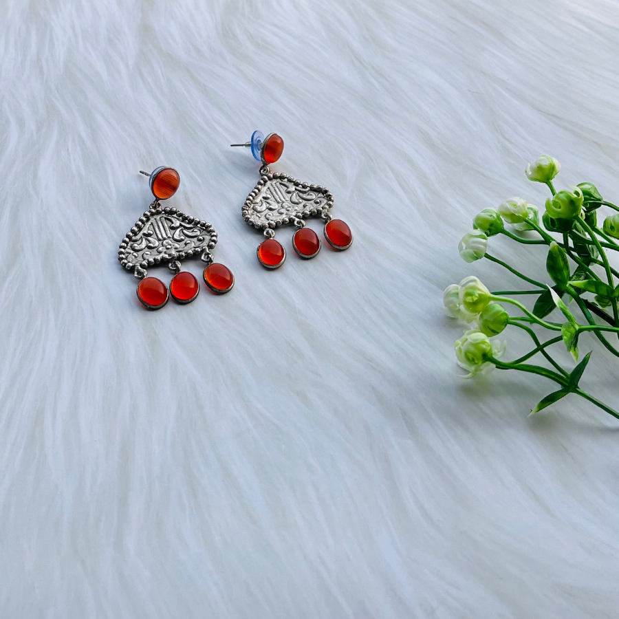 Orange German Silver Monalisa Stone Studs Earrings