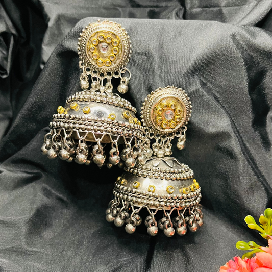 Dual Toned Silver-Plated Oxidized Dome Shaped Jhumkas Earrings