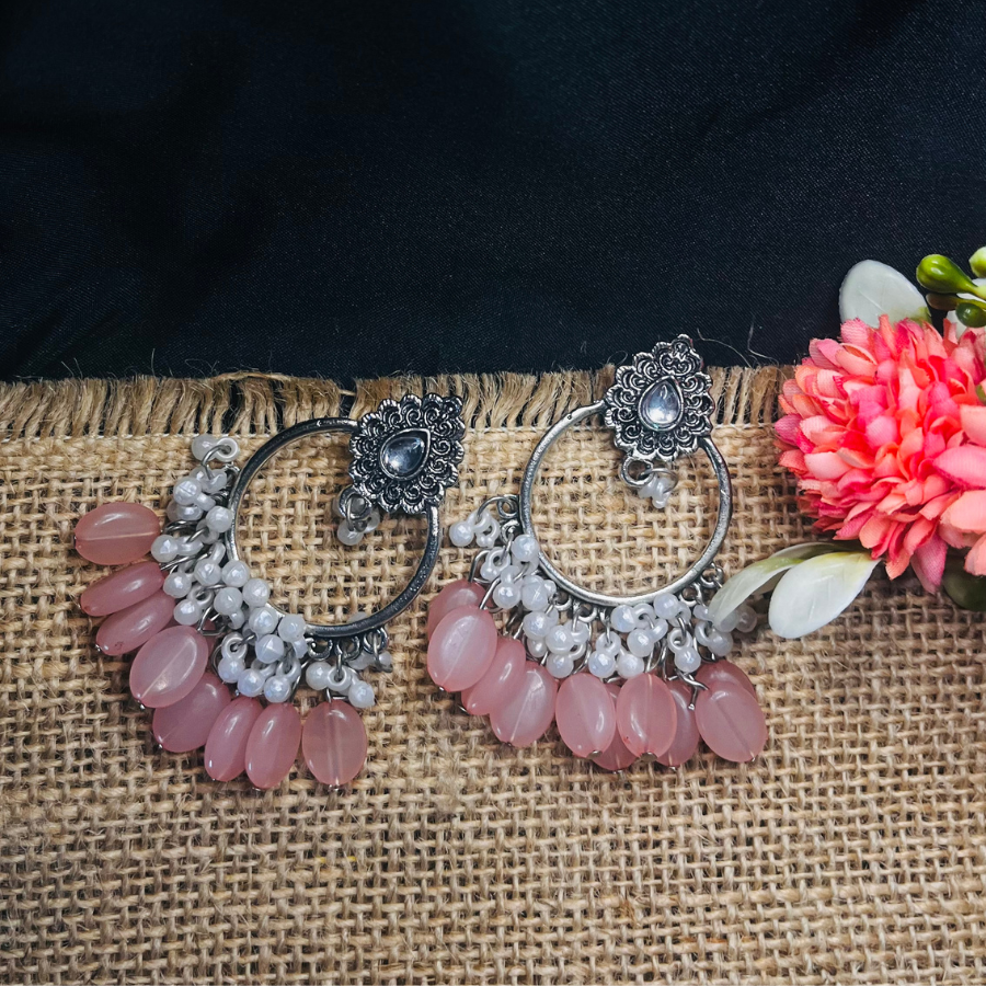 Oxidised Silver Platted Peach Stones Ethnic Earrings