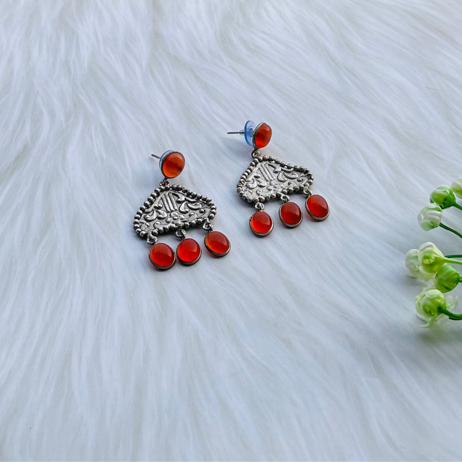 Orange German Silver Monalisa Stone Studs Earrings