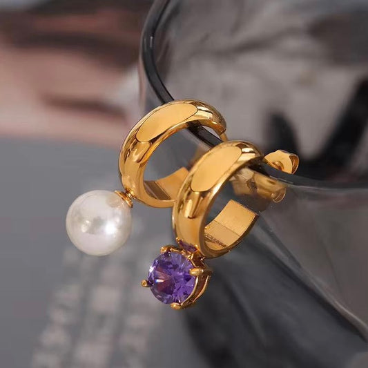 18k Gold Plated Pearl & Purple Hoop Earrings