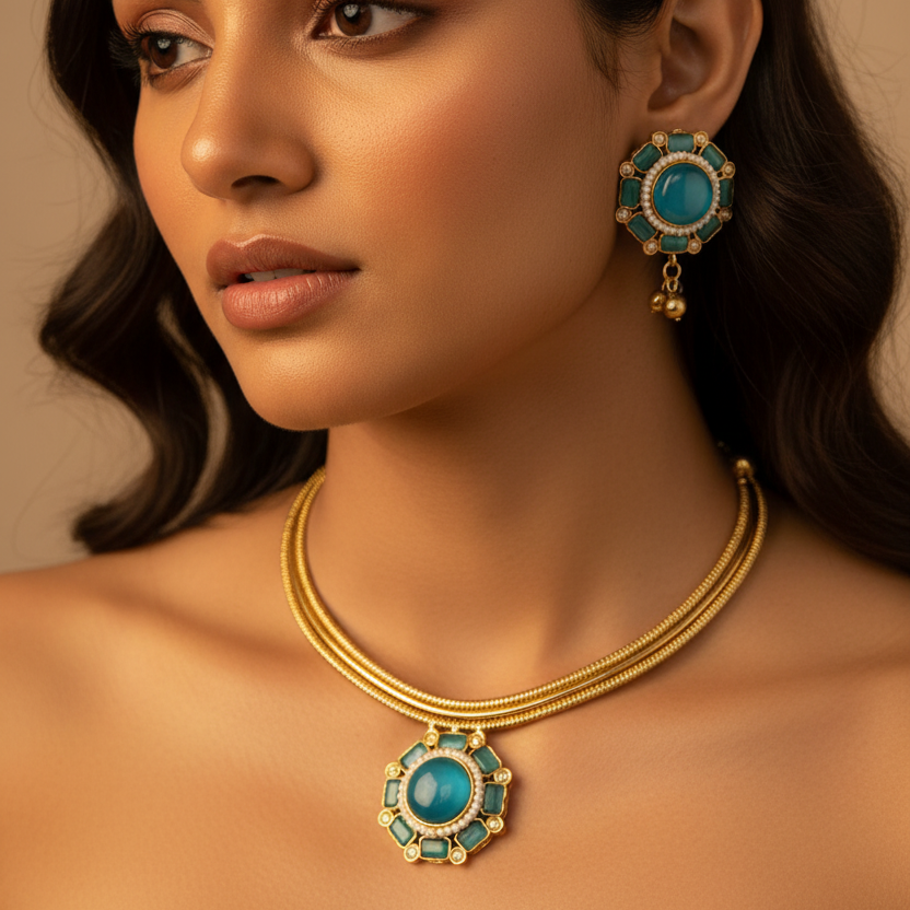 Flower Monalisa Stone Necklace Set