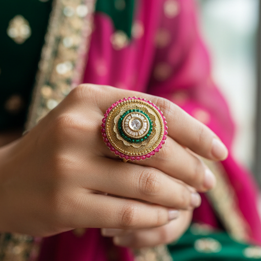 Gold Beads Statement Ring