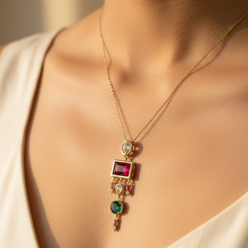 Red Stone Drop Chain Necklace
