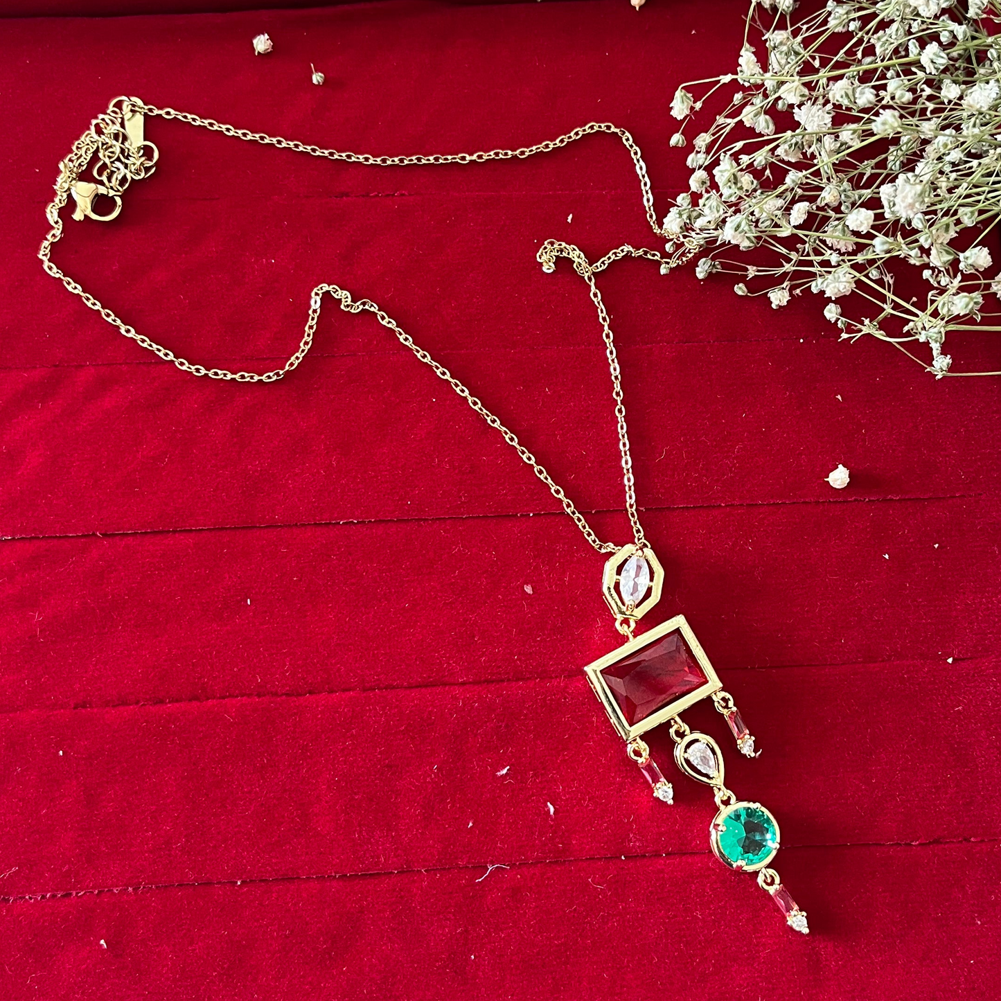 Red Stone Drop Chain Necklace