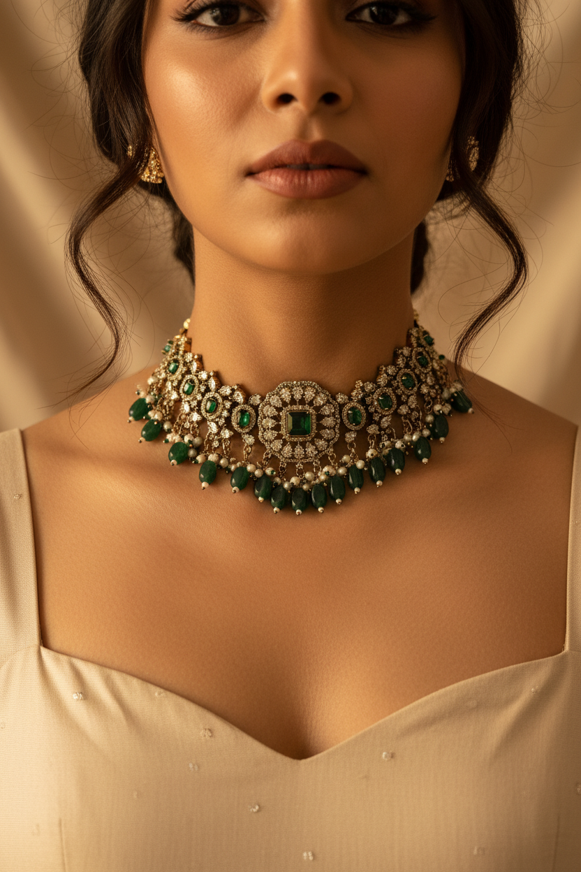 Green Beads Polki Necklace