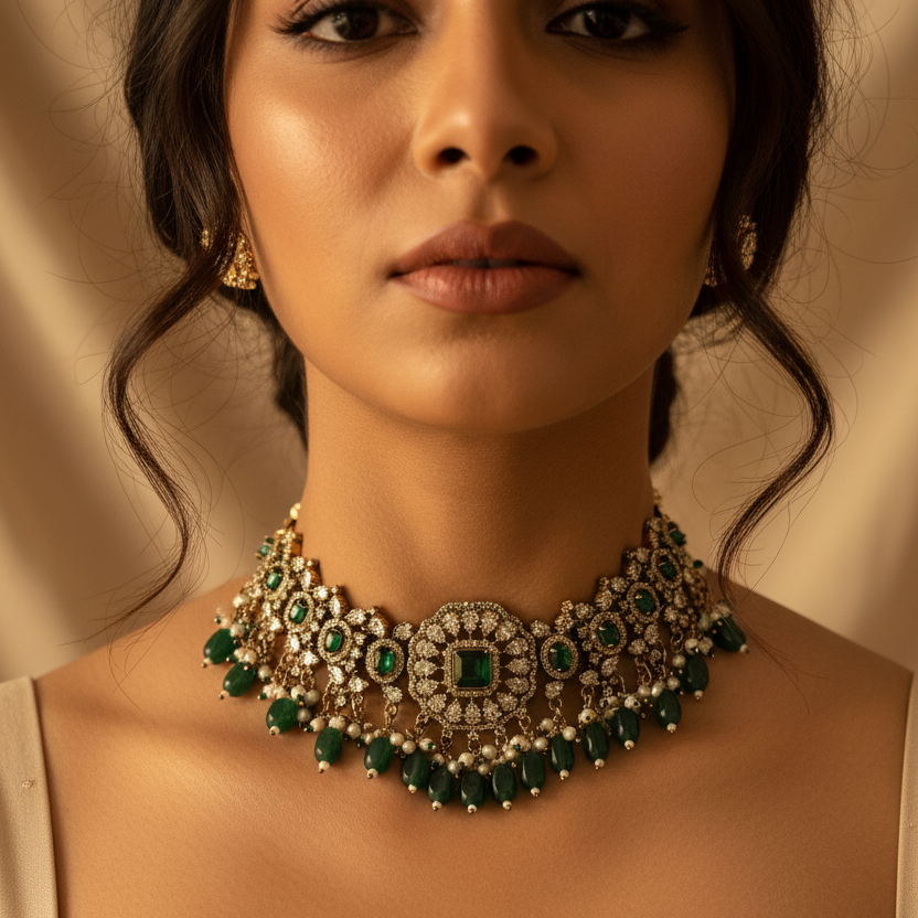Green Beads Polki Necklace