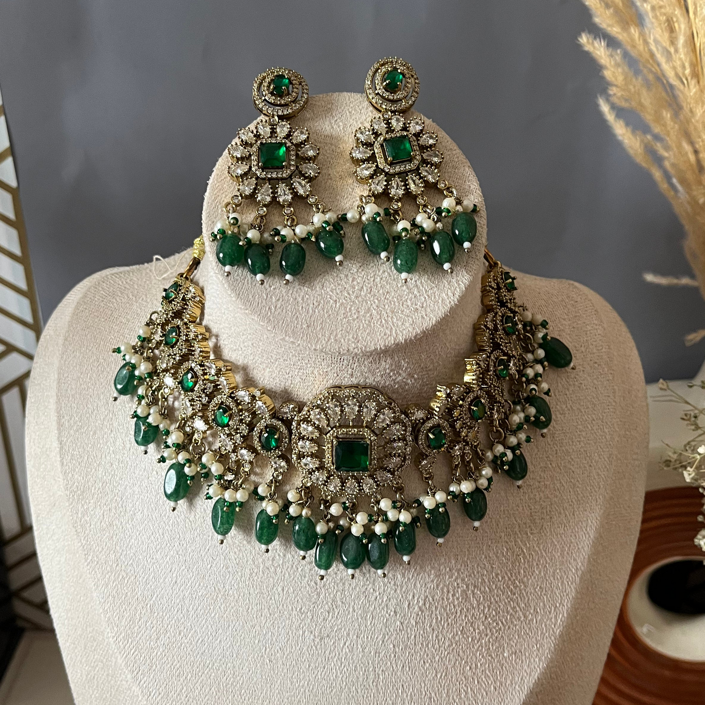 Green Beads Polki Necklace