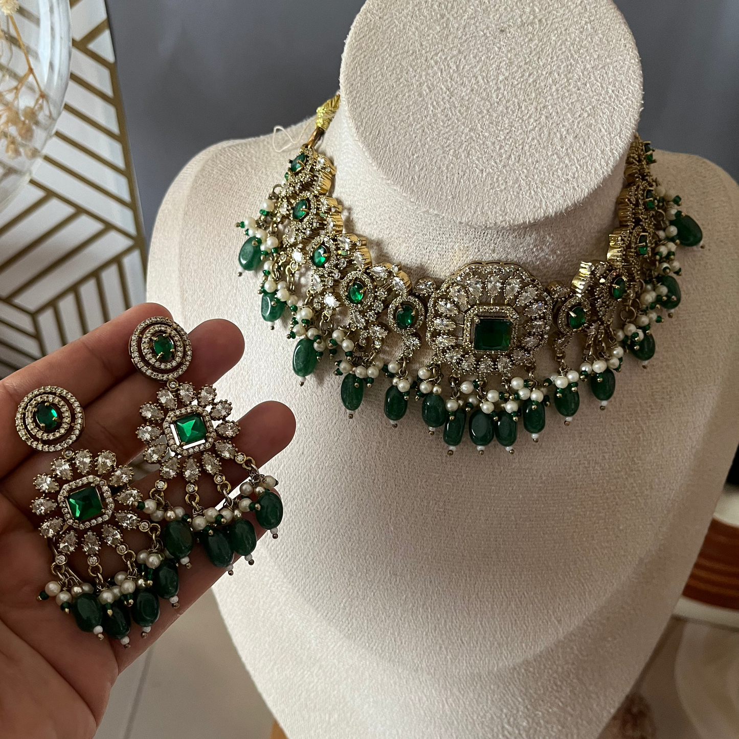 Green Beads Polki Necklace