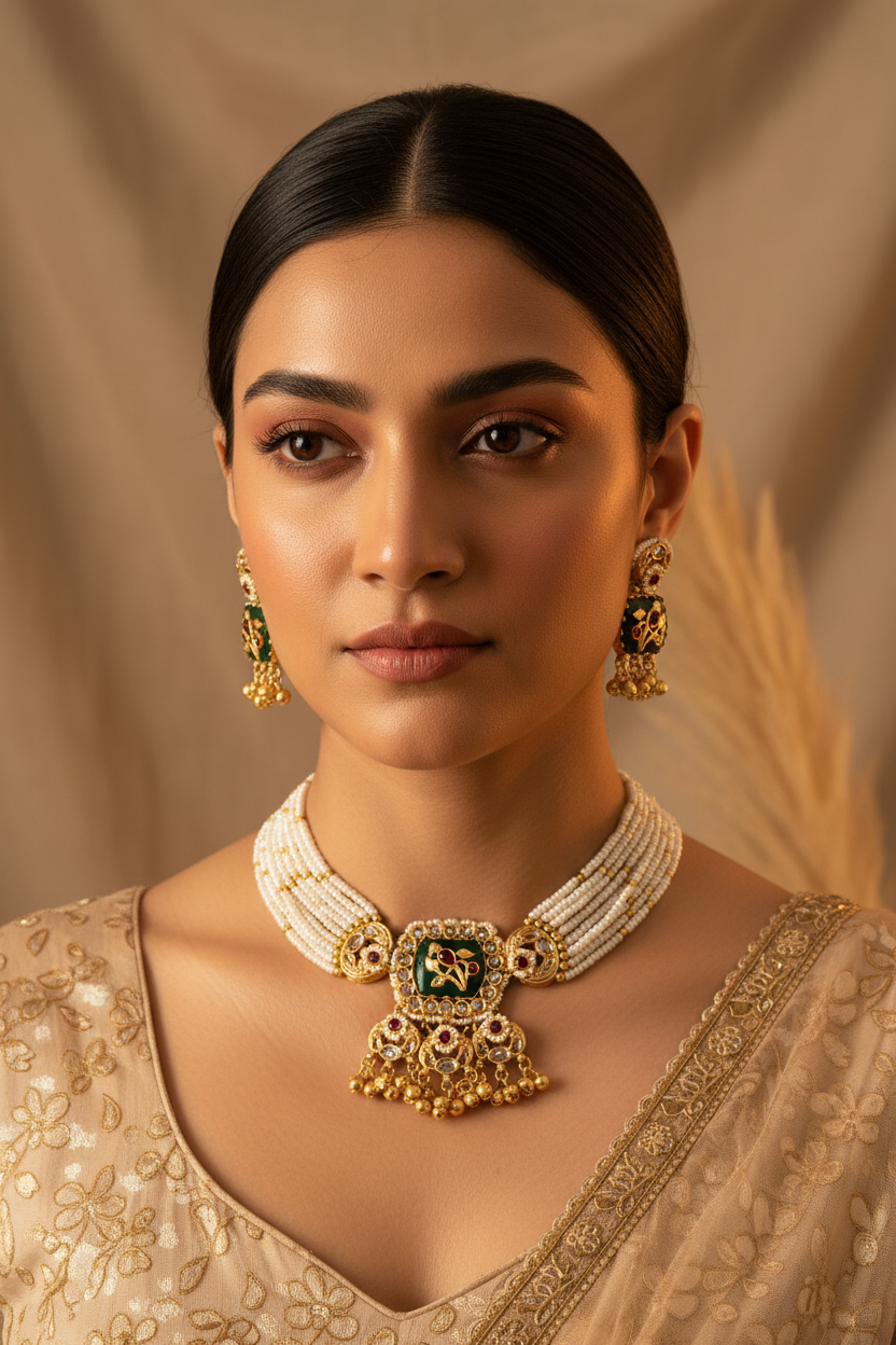 Green Stone Ghungroo Necklace Set