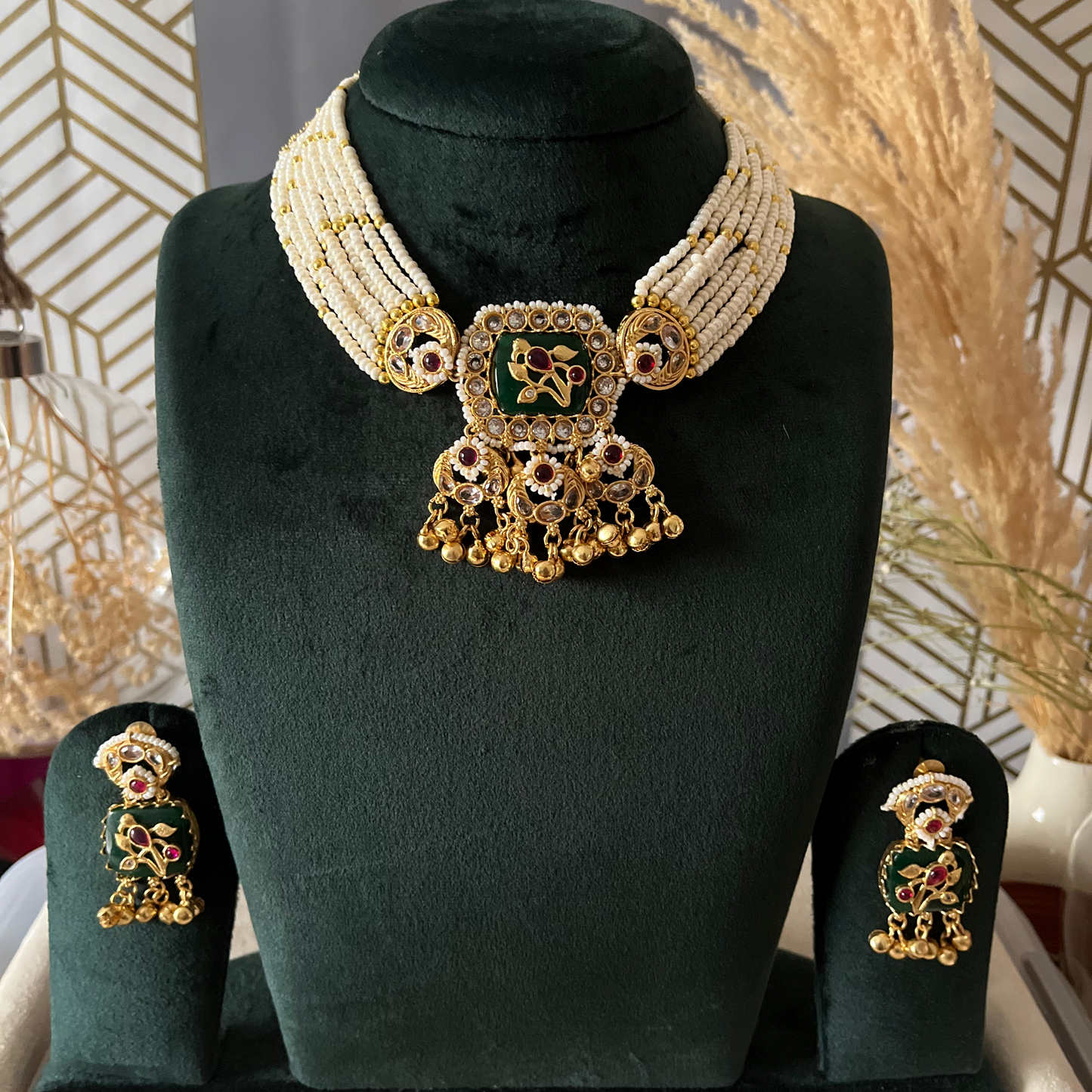 Green Stone Ghungroo Necklace Set