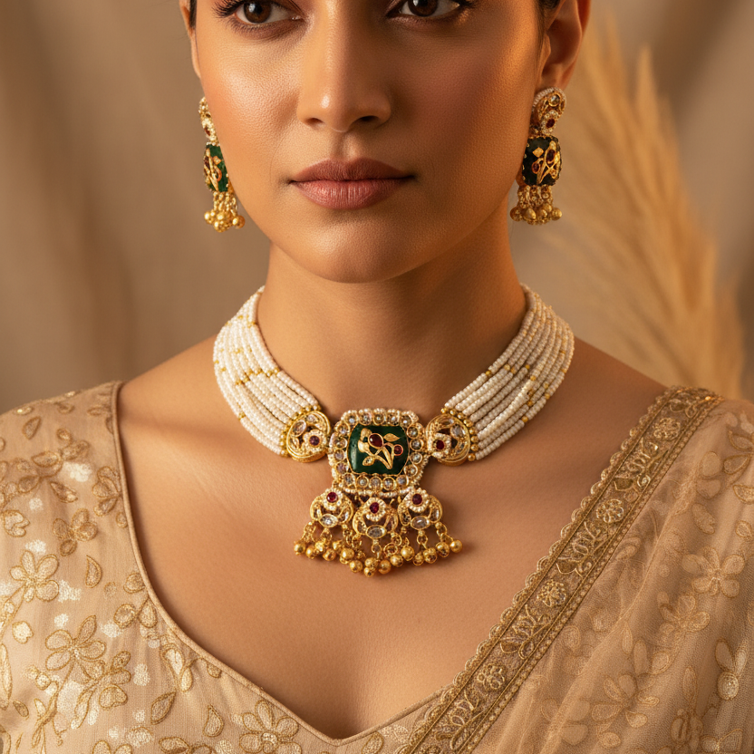 Green Stone Ghungroo Necklace Set