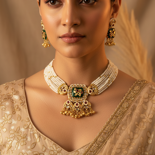 Green Stone Ghungroo Necklace Set