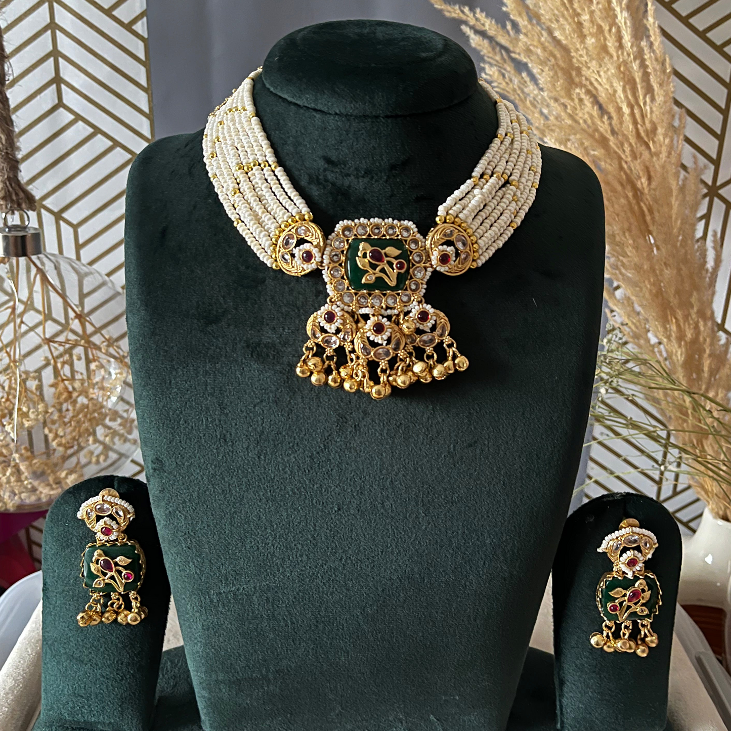 Green Stone Ghungroo Necklace Set