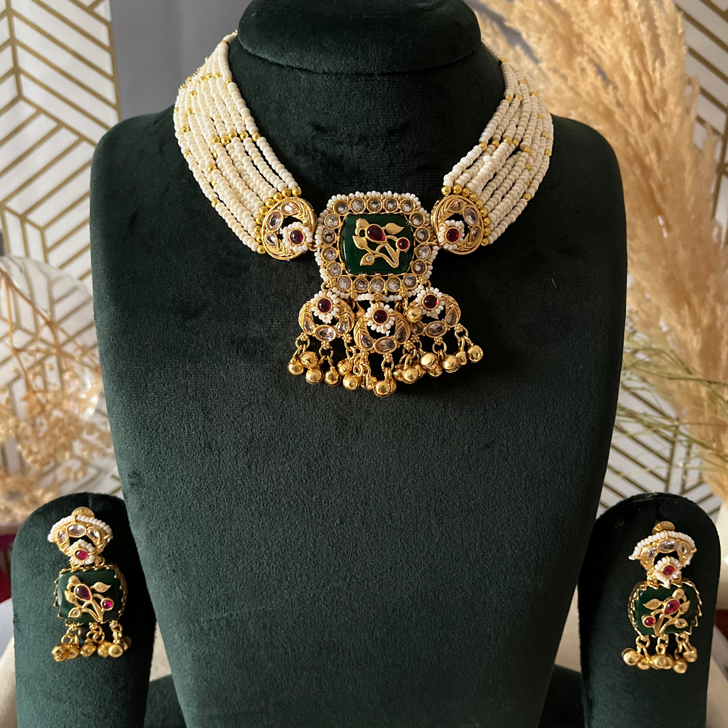 Green Stone Ghungroo Necklace Set