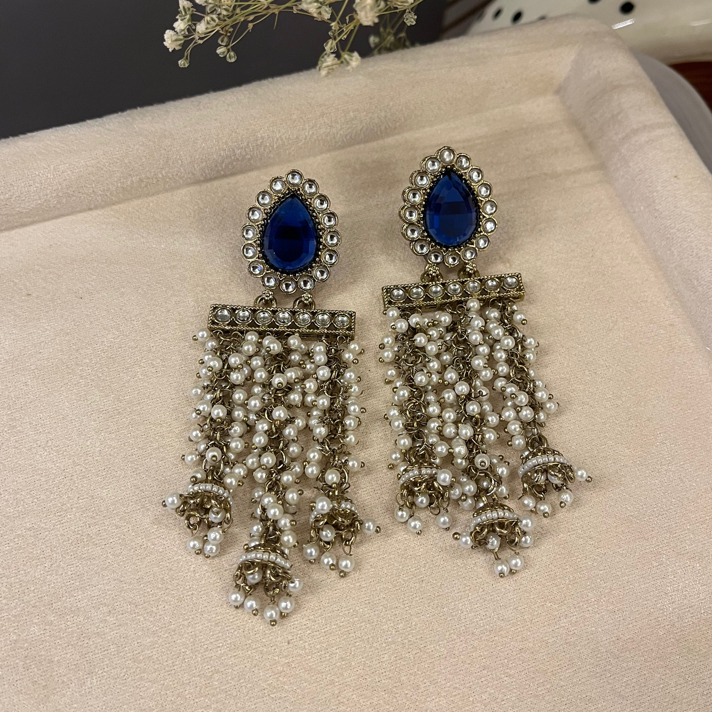 Blue Stone Pearl Hanging Earrings