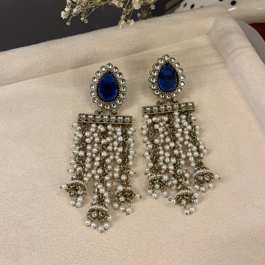 Blue Stone Pearl Hanging Earrings