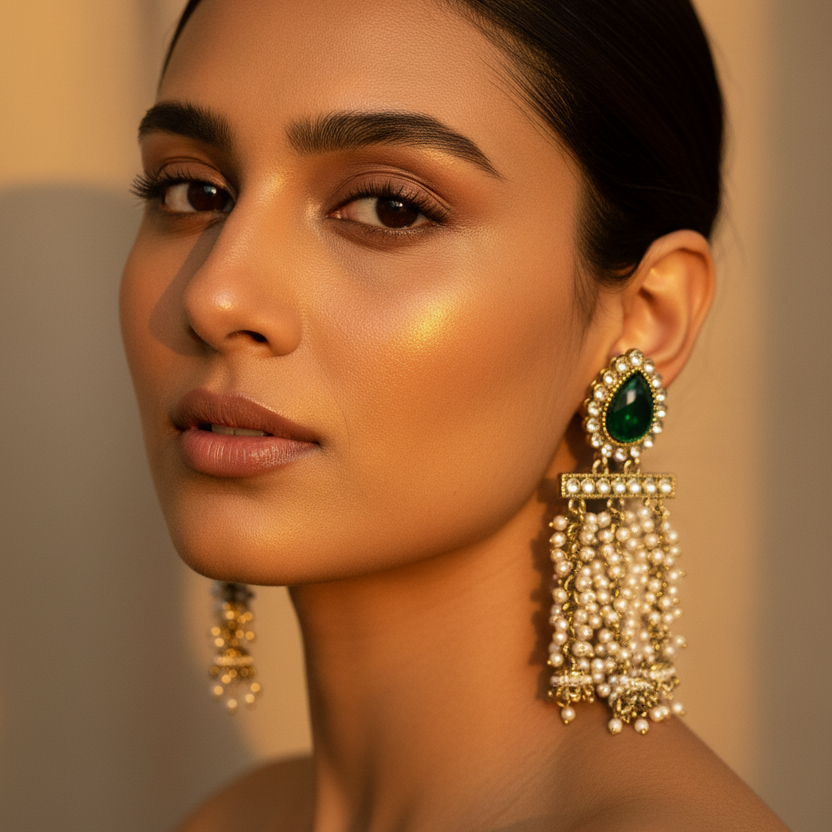 Green Stone Pearl Hanging Earrings