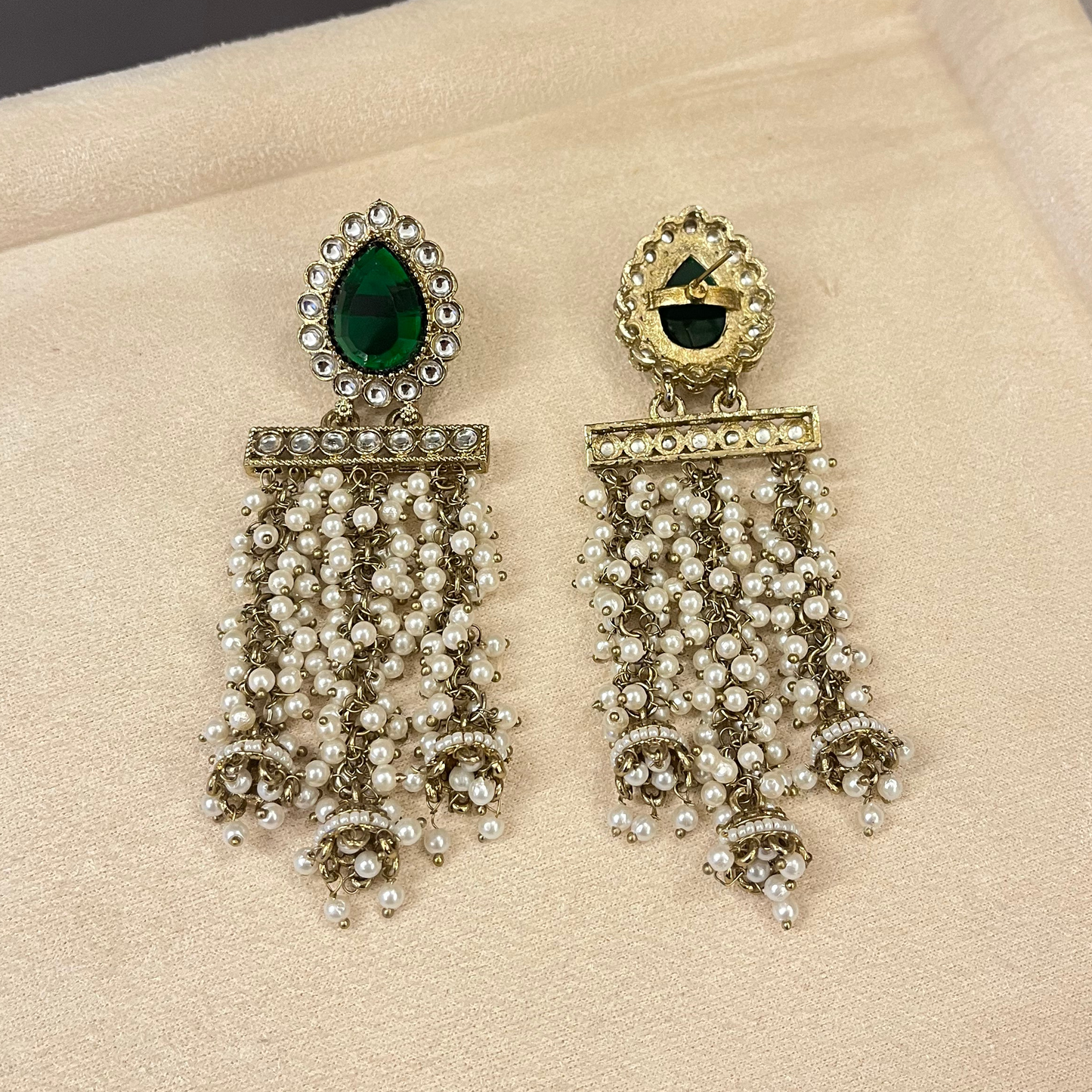 Green Stone Pearl Hanging Earrings