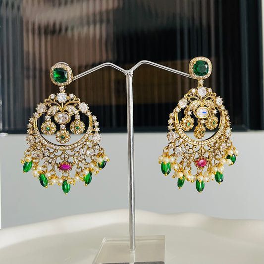 Moissanite Uncut Green Chandbali Earrings