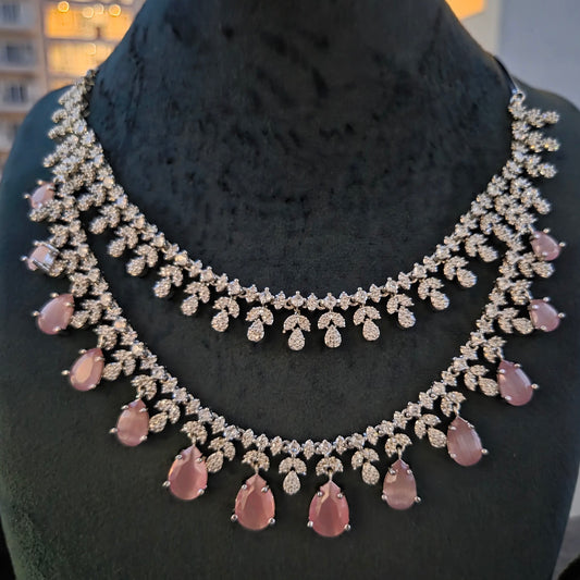 Tara AD Pink Layered Necklace Set