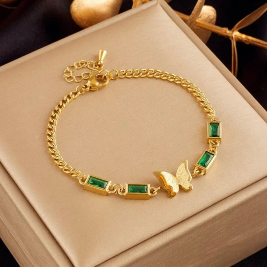 Green Stone Butterfly Chain Bracelet