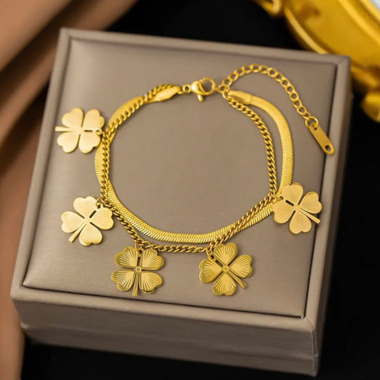 Gold Clover Double Layer Chain Bracelet