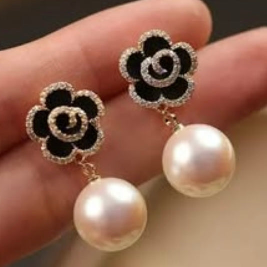 Black Flower Pearl Drop Earrings