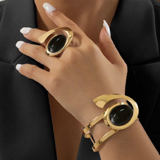 Set of 2 Black Stone Bracelet & Ring