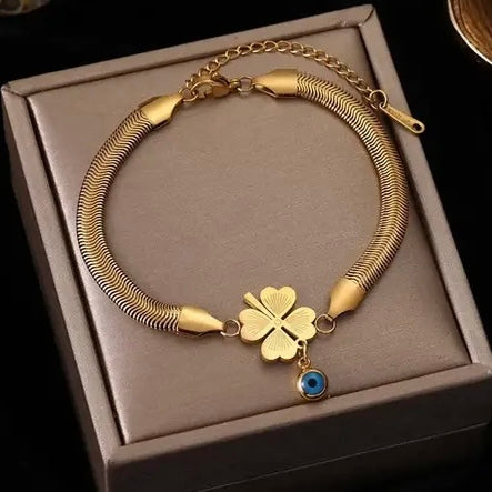 Gold Clover Evil Eye Chain Bracelet