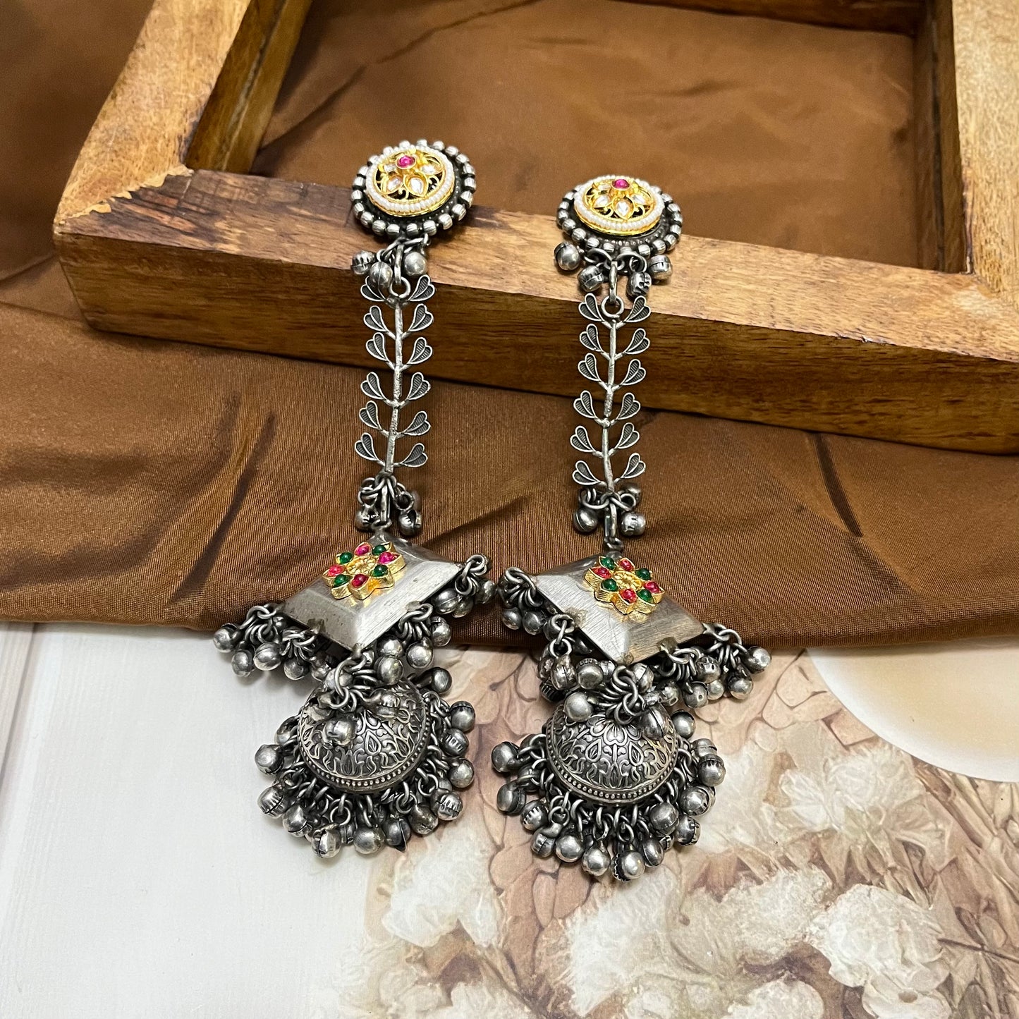 Long Silver Oxidised Earrings