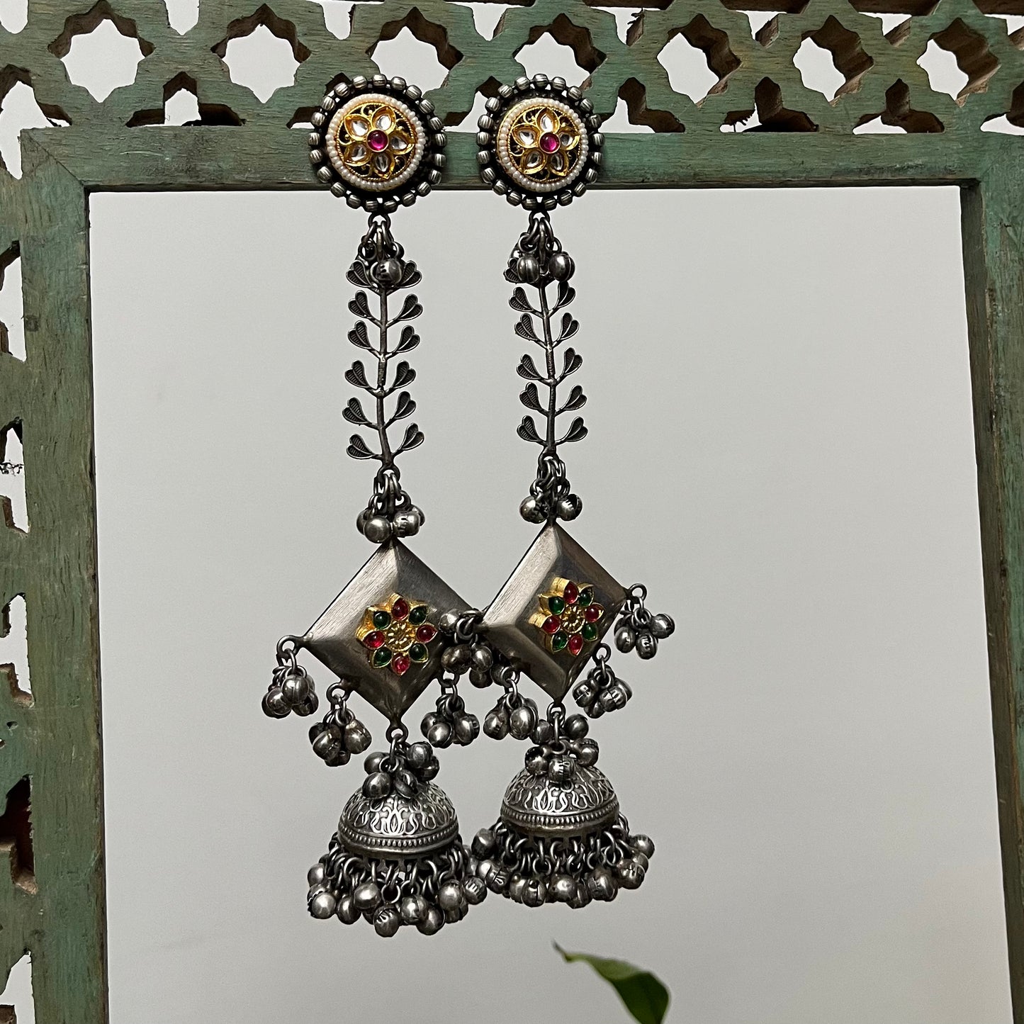 Long Silver Oxidised Earrings