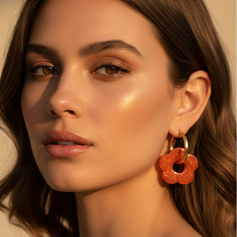 Resin Flower Gold Hoops Earring
