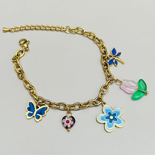 Pink Lotus Charm Chain Bracelet