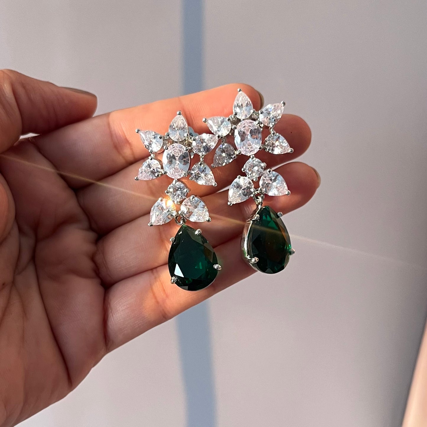 Green Rhodium Plated Earrings