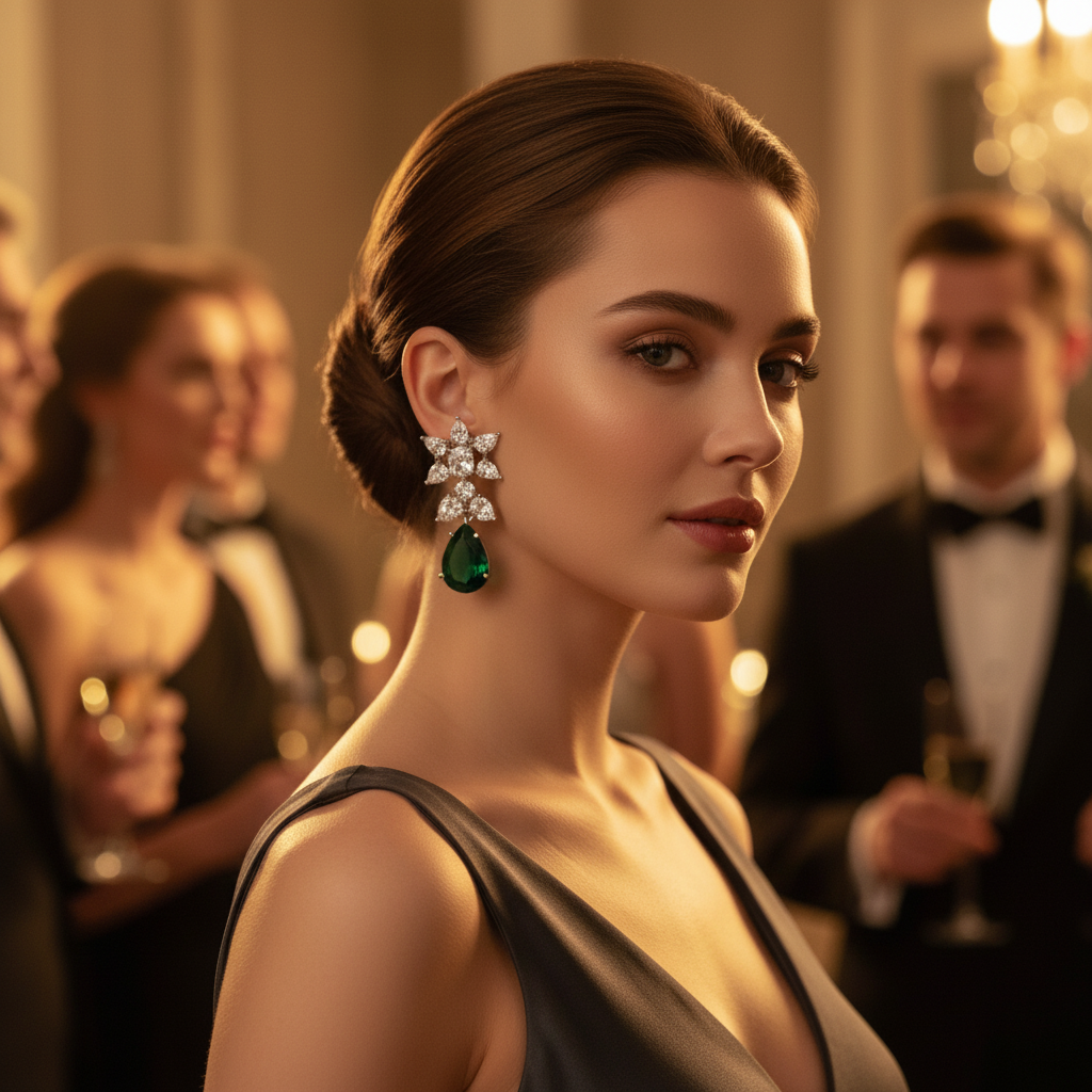 Green Rhodium Plated Earrings