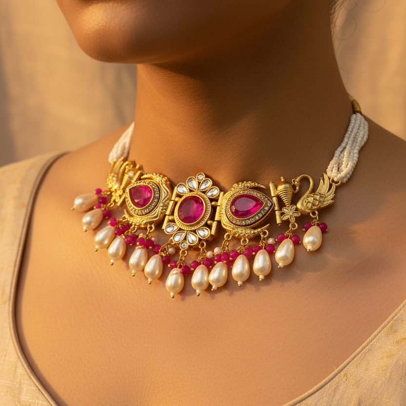 Stone Pearl Choker Necklace Set