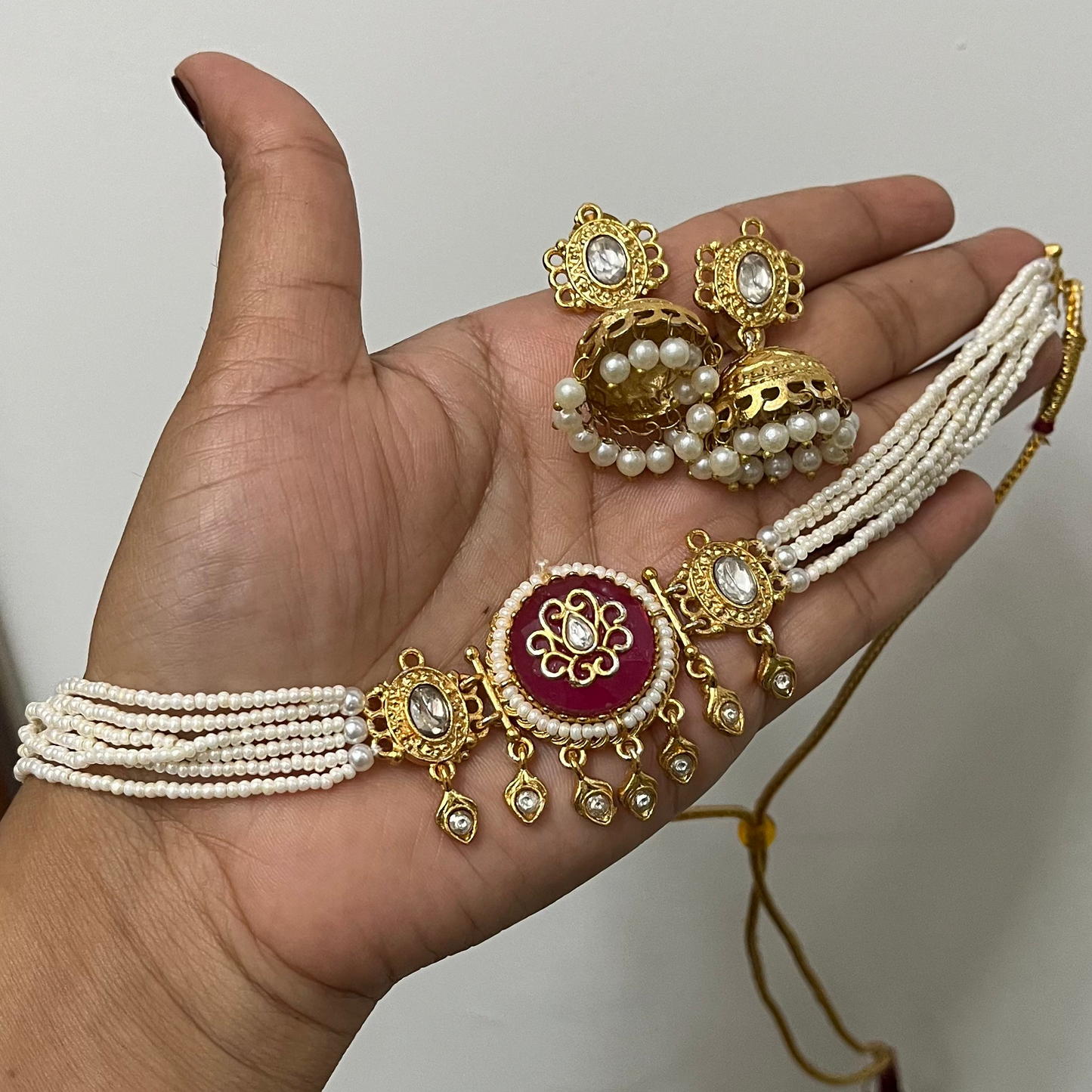 Pink Stone Choker Necklace Set