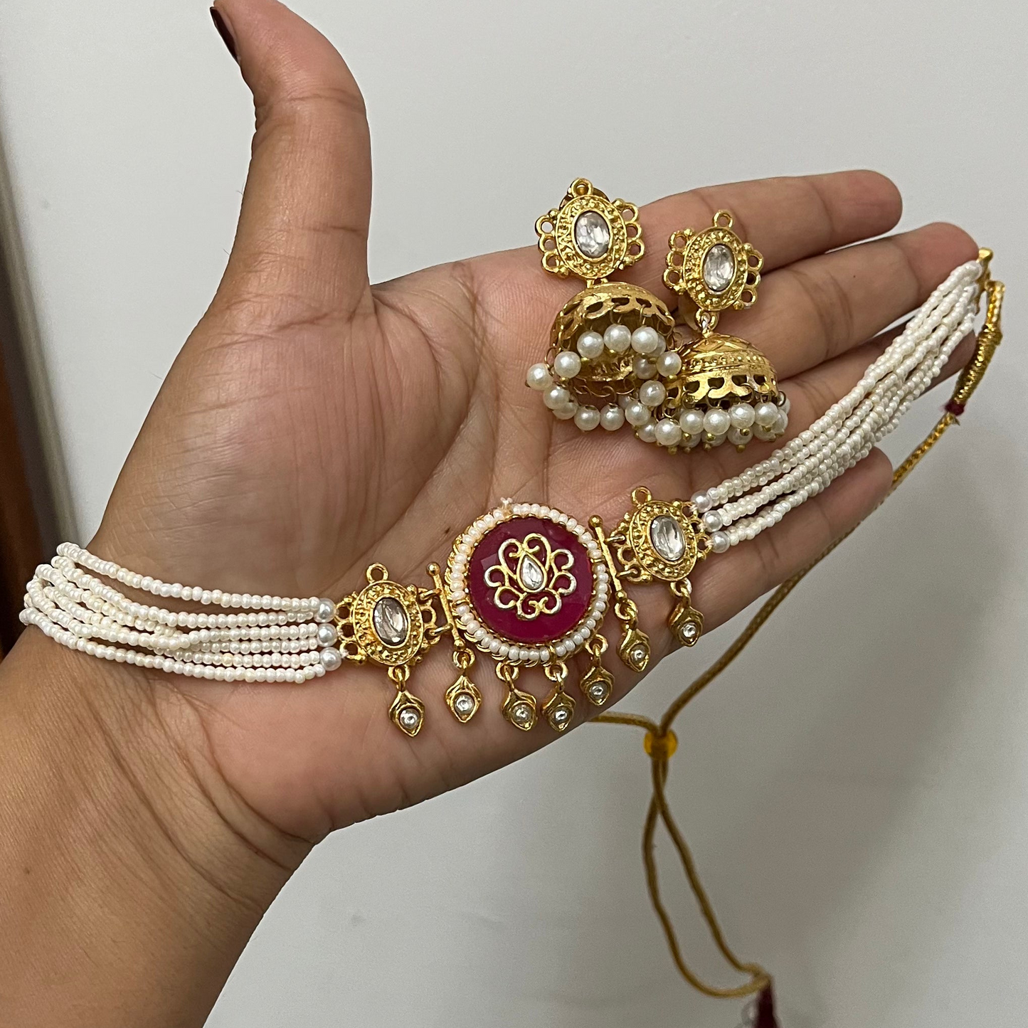 Pink Stone Choker Necklace Set