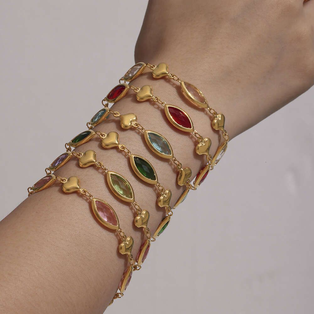 Green Marquise Cut Stone Heart Chain Bracelet