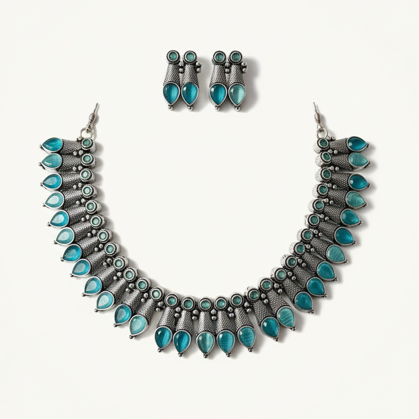Blue Silver Oxidised  Necklace Set