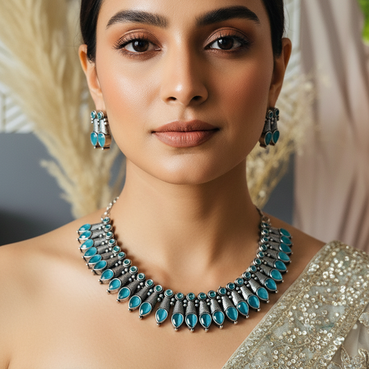 Blue Silver Oxidised  Necklace Set