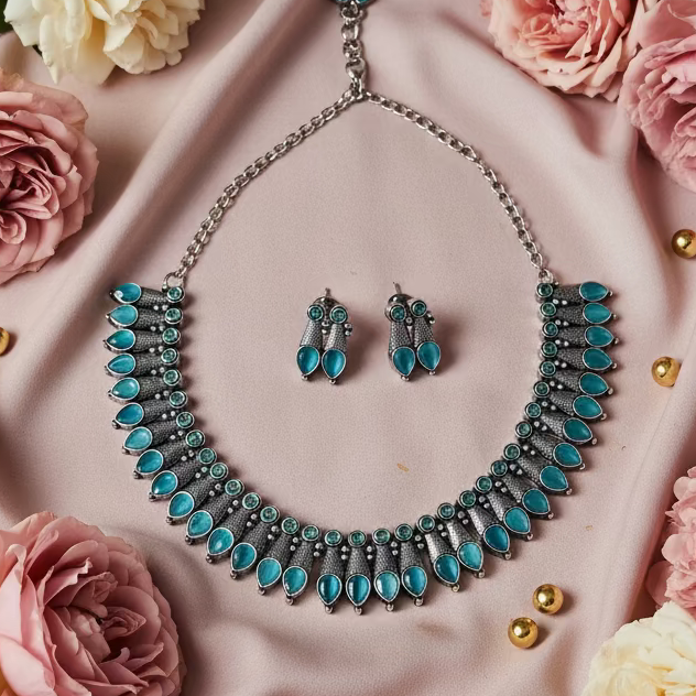 Blue Silver Oxidised  Necklace Set