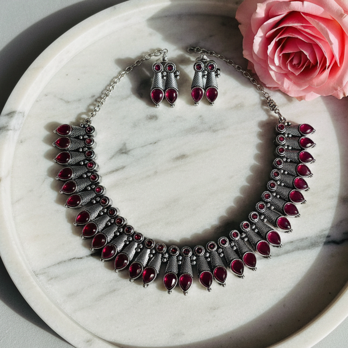 Ruby Pink Silver Oxidised Necklace Set