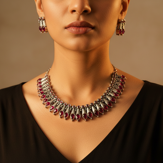 Ruby Pink Silver Oxidised Necklace Set