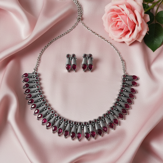 Ruby Pink Silver Oxidised Necklace Set