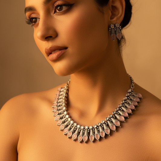 Baby Pink Silver Oxidised Necklace Set