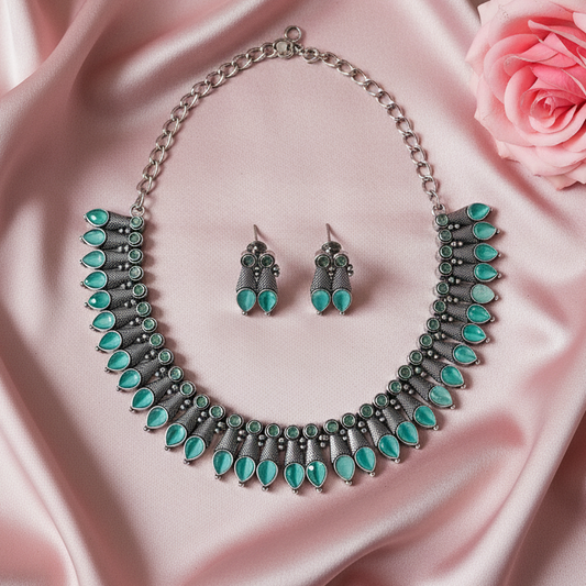 Sea Green Silver Oxidised Necklace Set